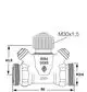 Technisches Schema eines TA Strangventils mit Innengewinde, hergestellt von IMI Hydronic Engineering, sichtbar von vorne mit Maßangaben und Anschlussgrößen.
